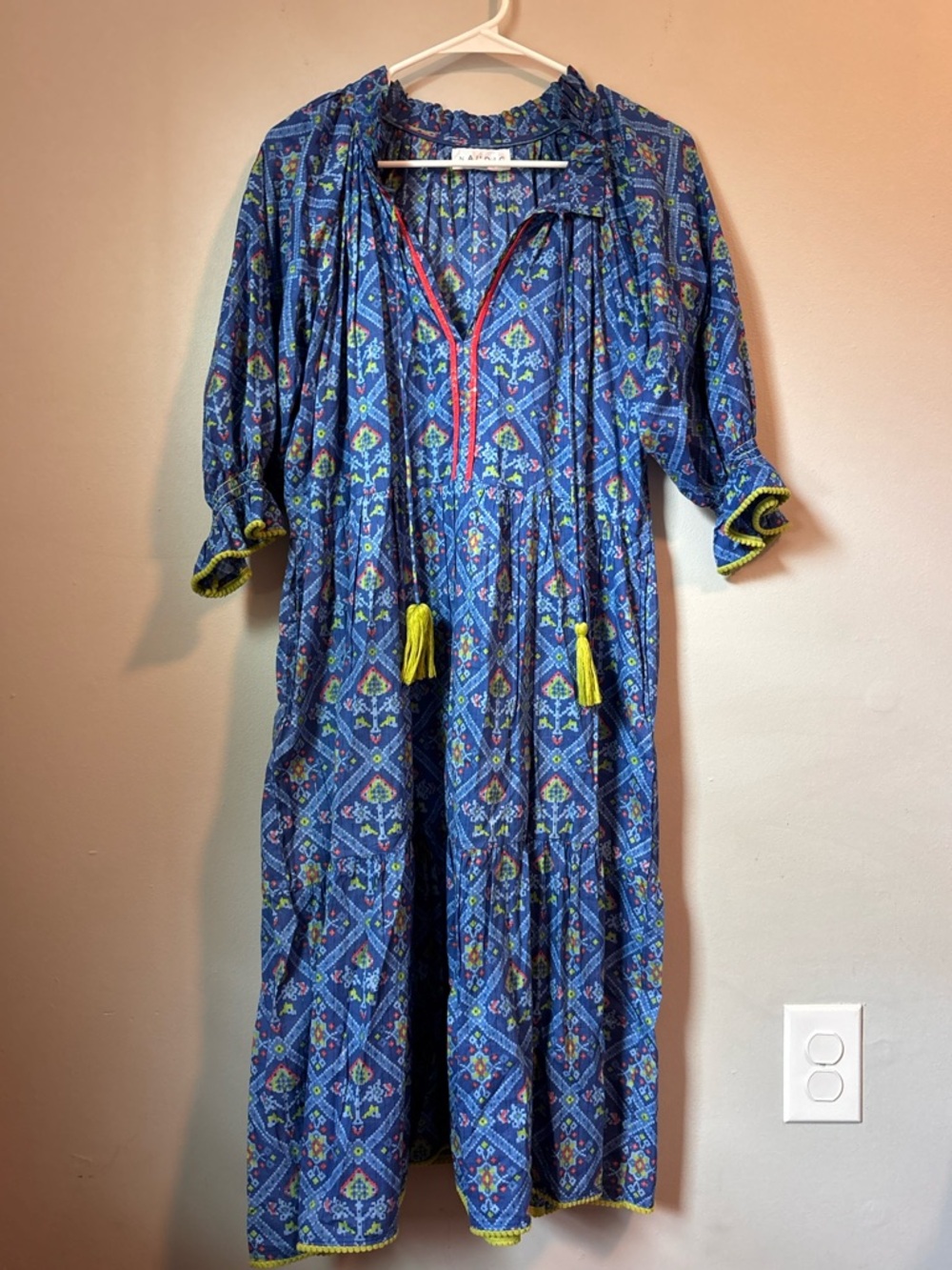 Blue Printed Midi Dress with Yellow Tassels
